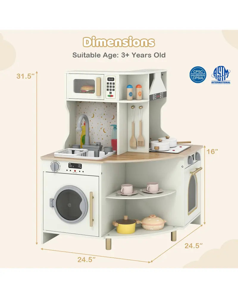 Kids Play Kitchen Wooden Corner Kitchen Playset with Working Faucet and Sink-Beige - Beige - Play Kitchen Sets