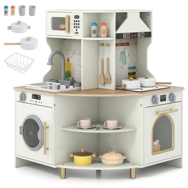 Kids Play Kitchen Wooden Corner Kitchen Playset with Working Faucet and Sink - Beige - Oasis Home Essentials