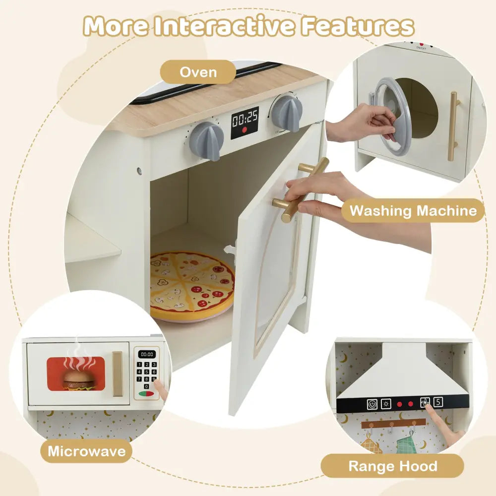 Kids Play Kitchen Wooden Corner Kitchen Playset with Working Faucet and Sink-Beige - Beige - Play Kitchen Sets