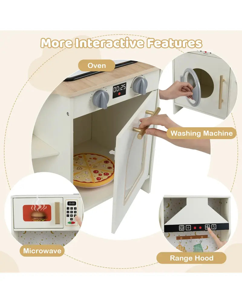 Kids Play Kitchen Wooden Corner Kitchen Playset with Working Faucet and Sink-Beige - Beige - Play Kitchen Sets