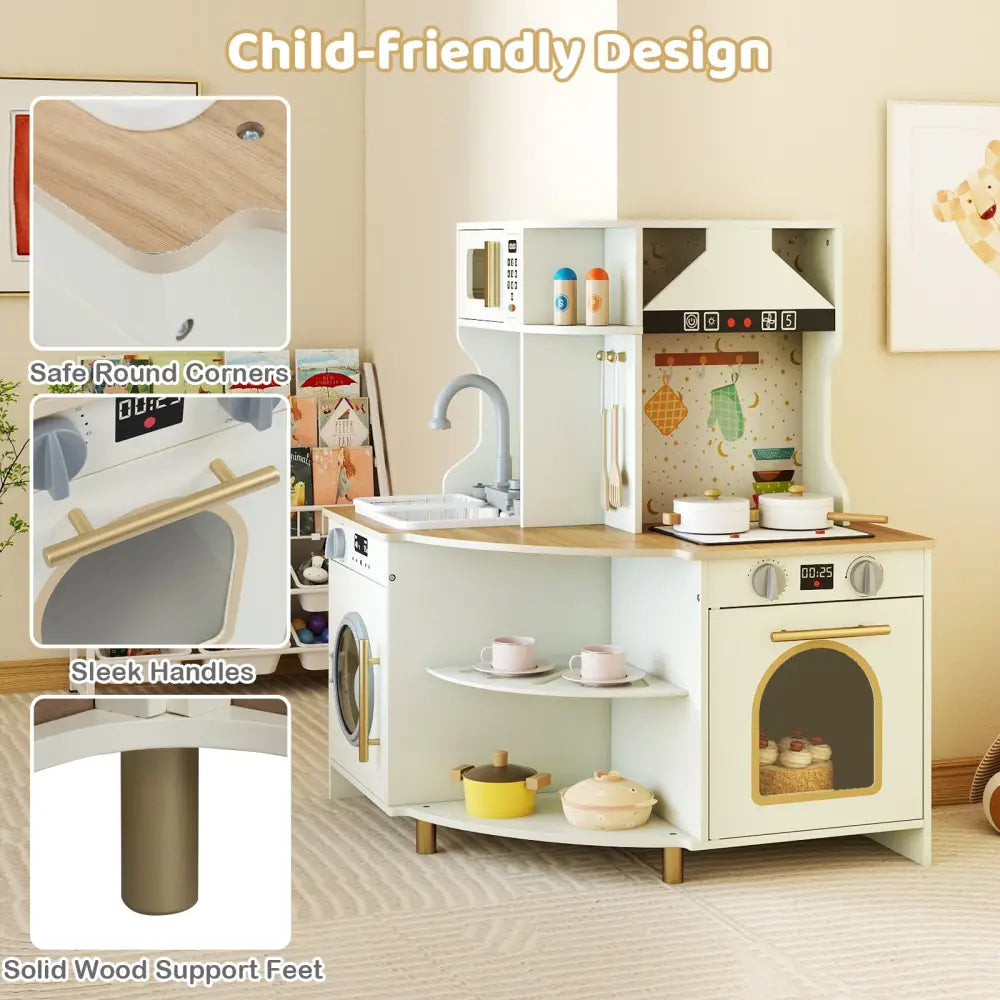 Kids Play Kitchen Wooden Corner Kitchen Playset with Working Faucet and Sink-Beige - Beige - Play Kitchen Sets