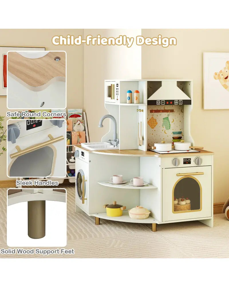 Kids Play Kitchen Wooden Corner Kitchen Playset with Working Faucet and Sink-Beige - Beige - Play Kitchen Sets