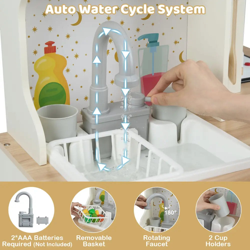 Kids Play Kitchen Wooden Corner Kitchen Playset with Working Faucet and Sink-Beige - Beige - Play Kitchen Sets