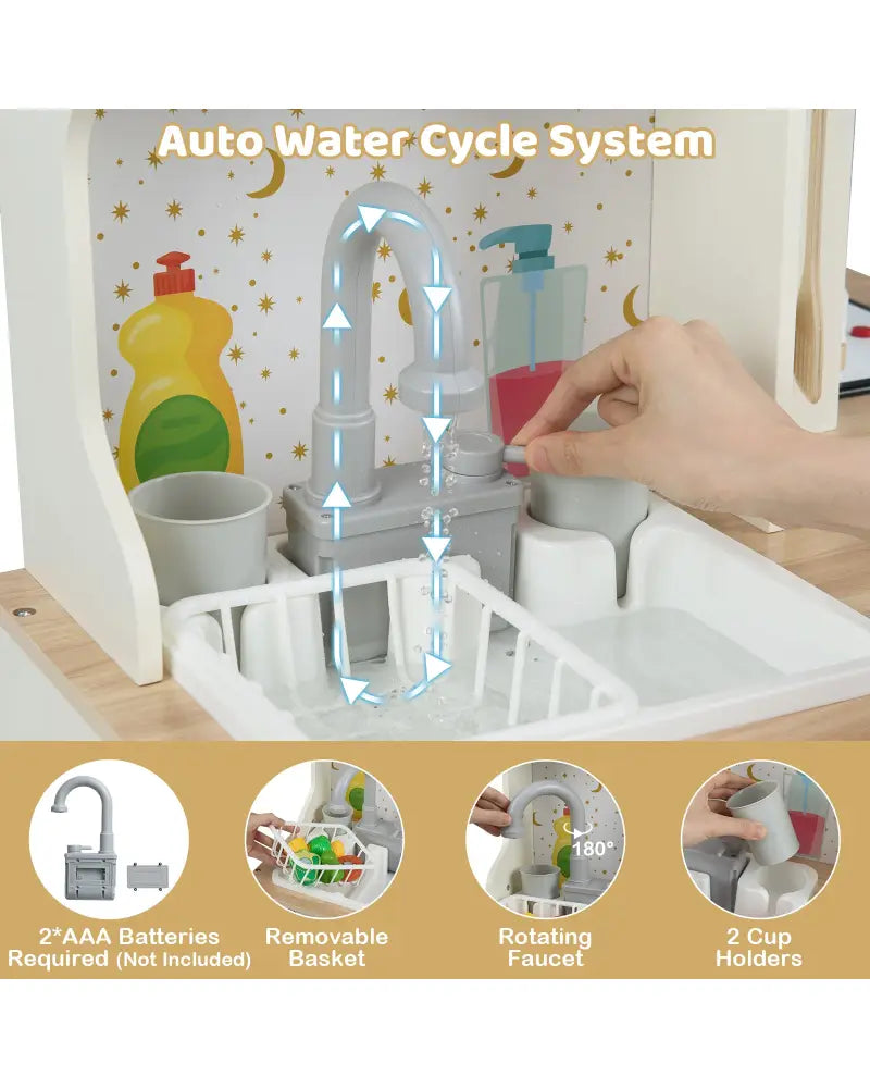 Kids Play Kitchen Wooden Corner Kitchen Playset with Working Faucet and Sink-Beige - Beige - Play Kitchen Sets