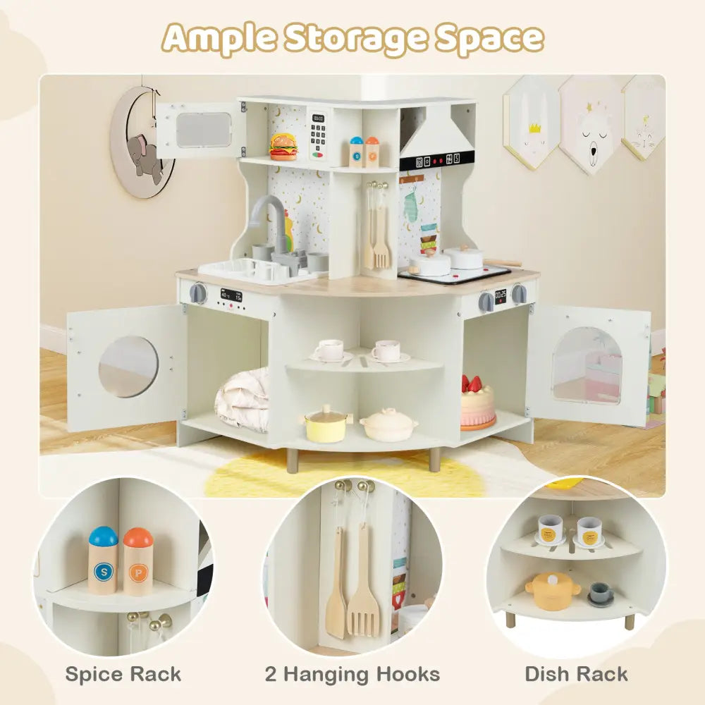 Kids Play Kitchen Wooden Corner Kitchen Playset with Working Faucet and Sink-Beige - Beige - Play Kitchen Sets