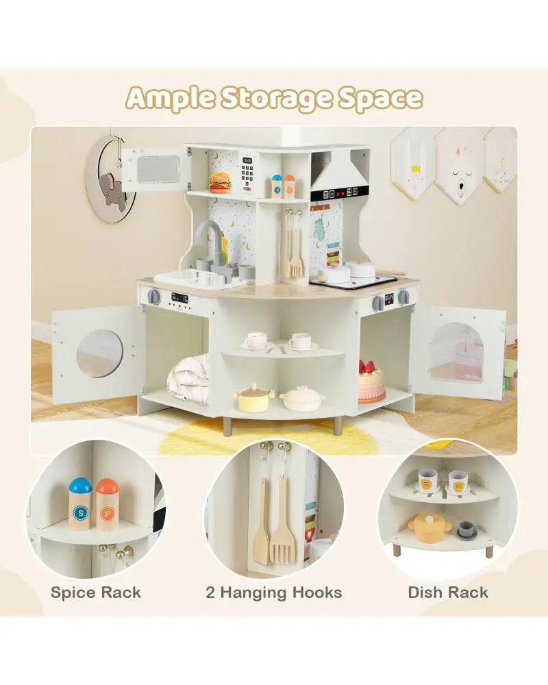 Kids Play Kitchen Wooden Corner Kitchen Playset with Working Faucet and Sink-Beige - Beige - Play Kitchen Sets