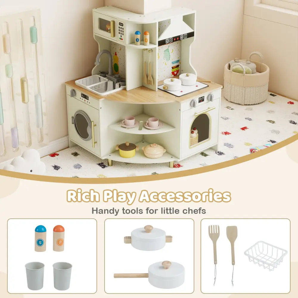 Kids Play Kitchen Wooden Corner Kitchen Playset with Working Faucet and Sink-Beige - Beige - Play Kitchen Sets