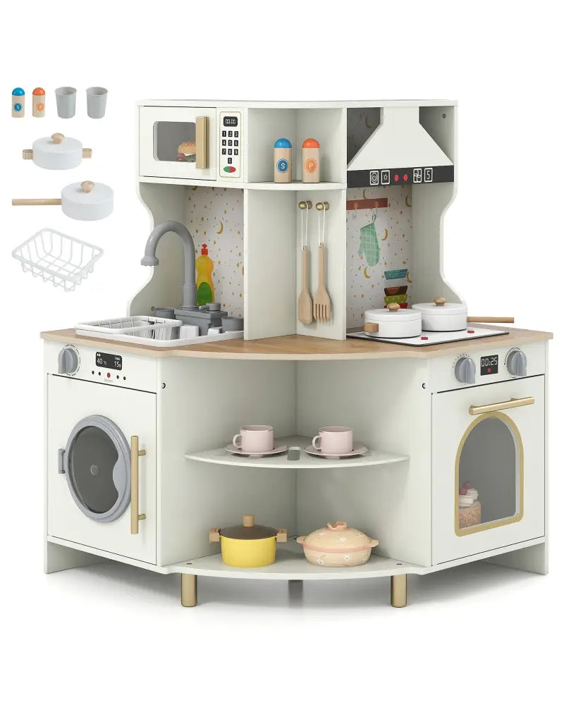Kids Play Kitchen Wooden Corner Kitchen Playset with Working Faucet and Sink-Beige - Beige - Play Kitchen Sets
