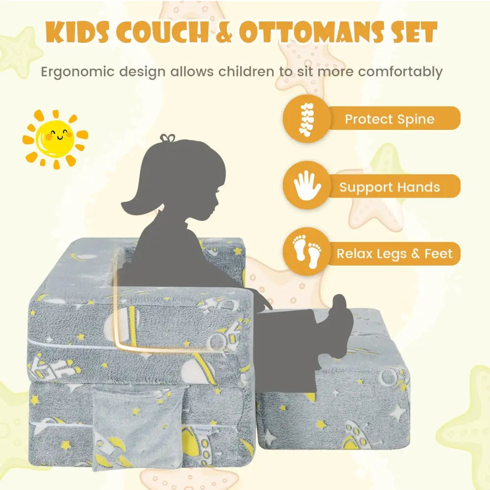 Kids Play Sofa with Ottoman and Removable & Machine Washable Cover-Gray - Gray - Kids Chairs & Seating
