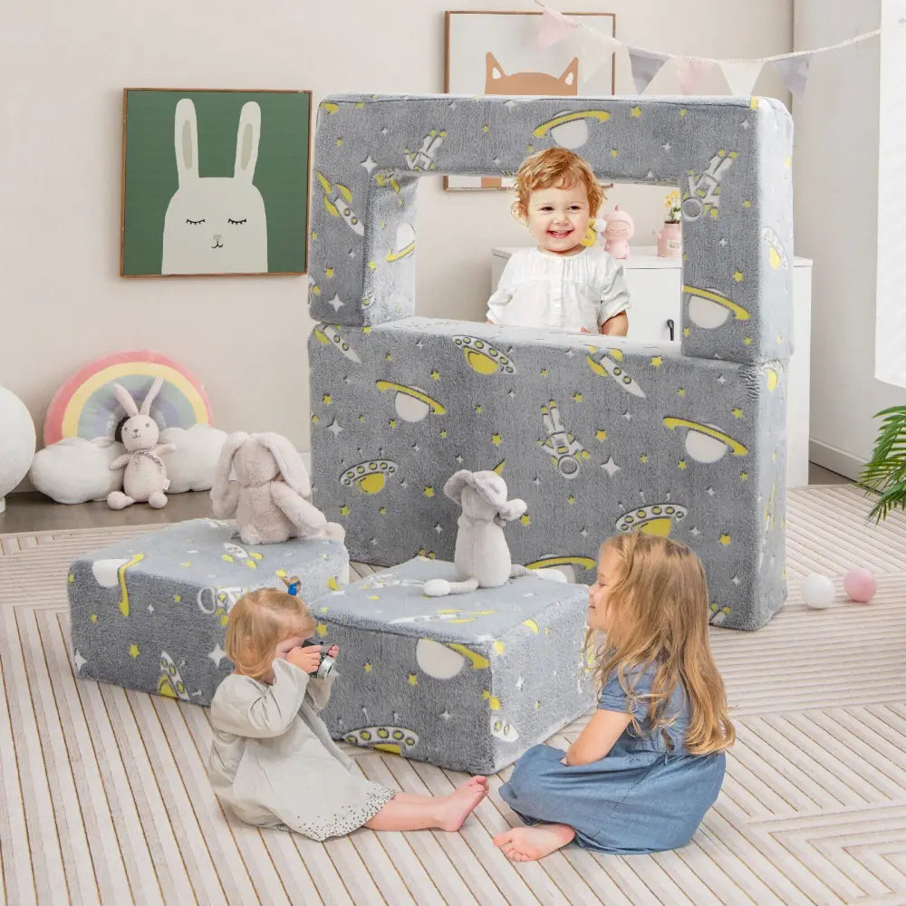 Kids Play Sofa with Ottoman and Removable & Machine Washable Cover-Gray - Gray - Kids Chairs & Seating