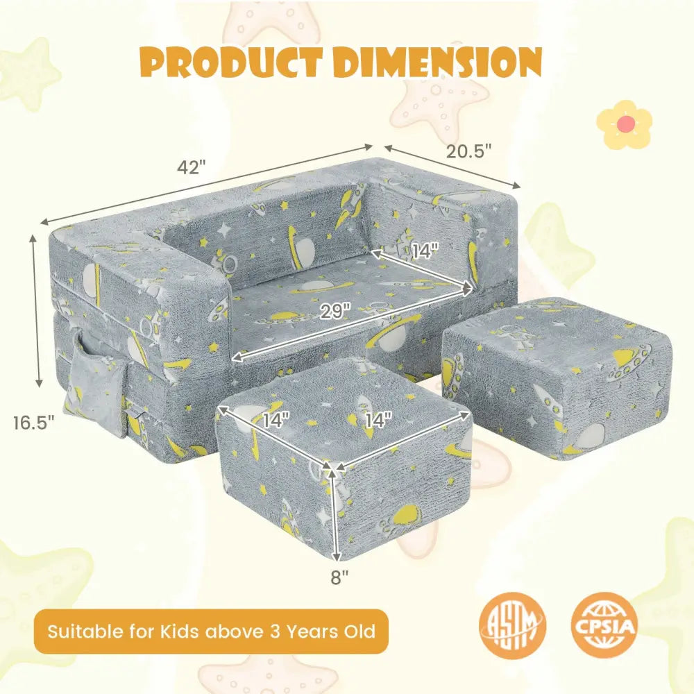 Kids Play Sofa with Ottoman and Removable & Machine Washable Cover-Gray - Gray - Kids Chairs & Seating