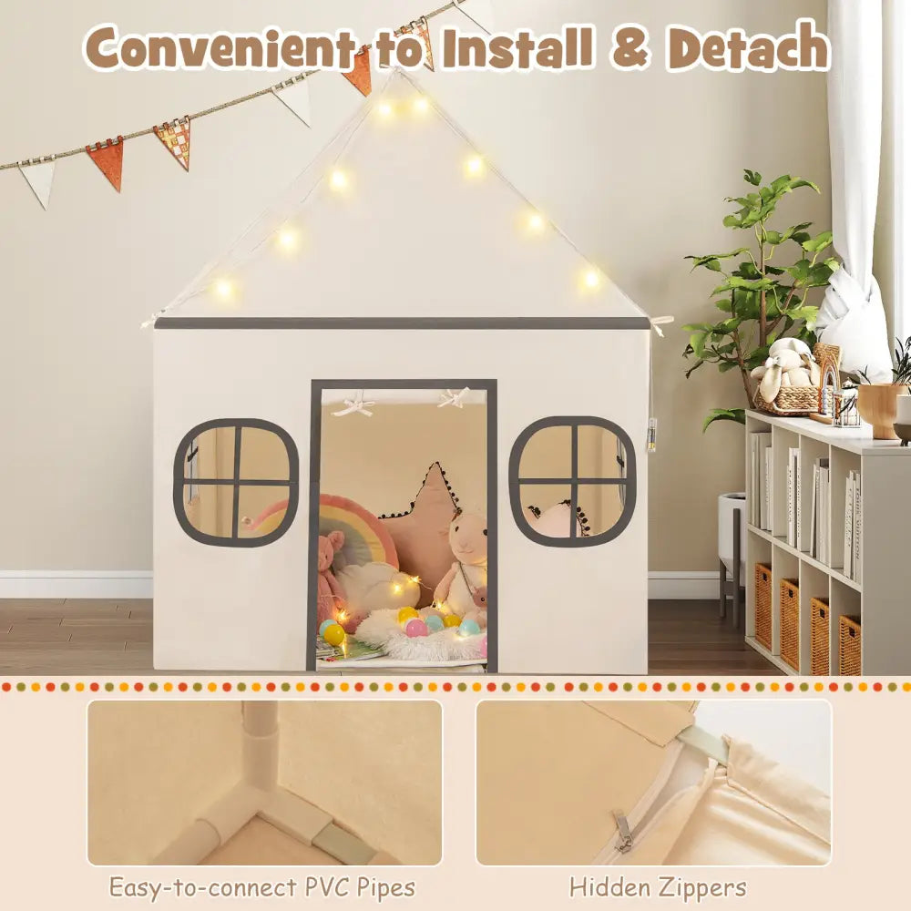 Kids Play Tent Large Playhouse with Door Curtain and Windows Star Lights-Beige - Beige - Play Tents & Playhouse