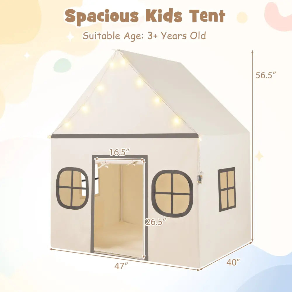 Kids Play Tent Large Playhouse with Door Curtain and Windows Star Lights-Beige - Beige - Play Tents & Playhouse