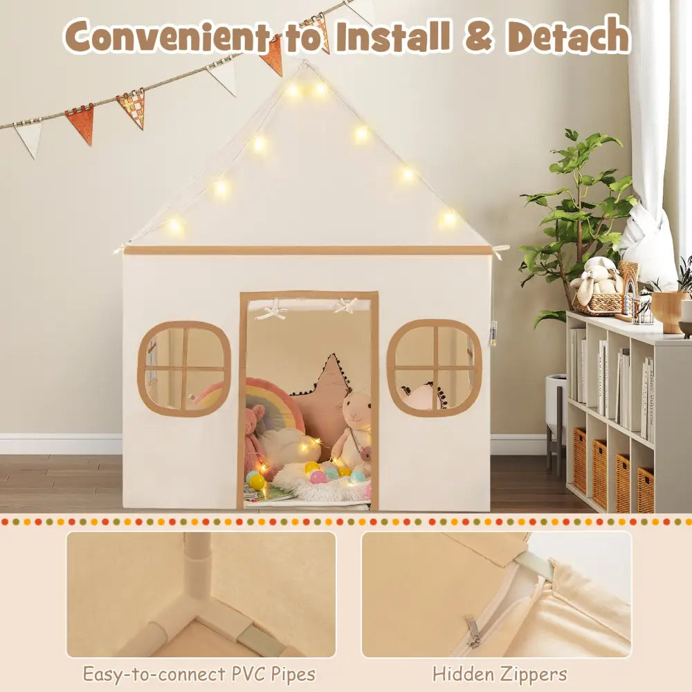 Kids Play Tent Large Playhouse with Door Curtain and Windows Star Lights-Coffee - Coffee - Play Tents & Playhouse