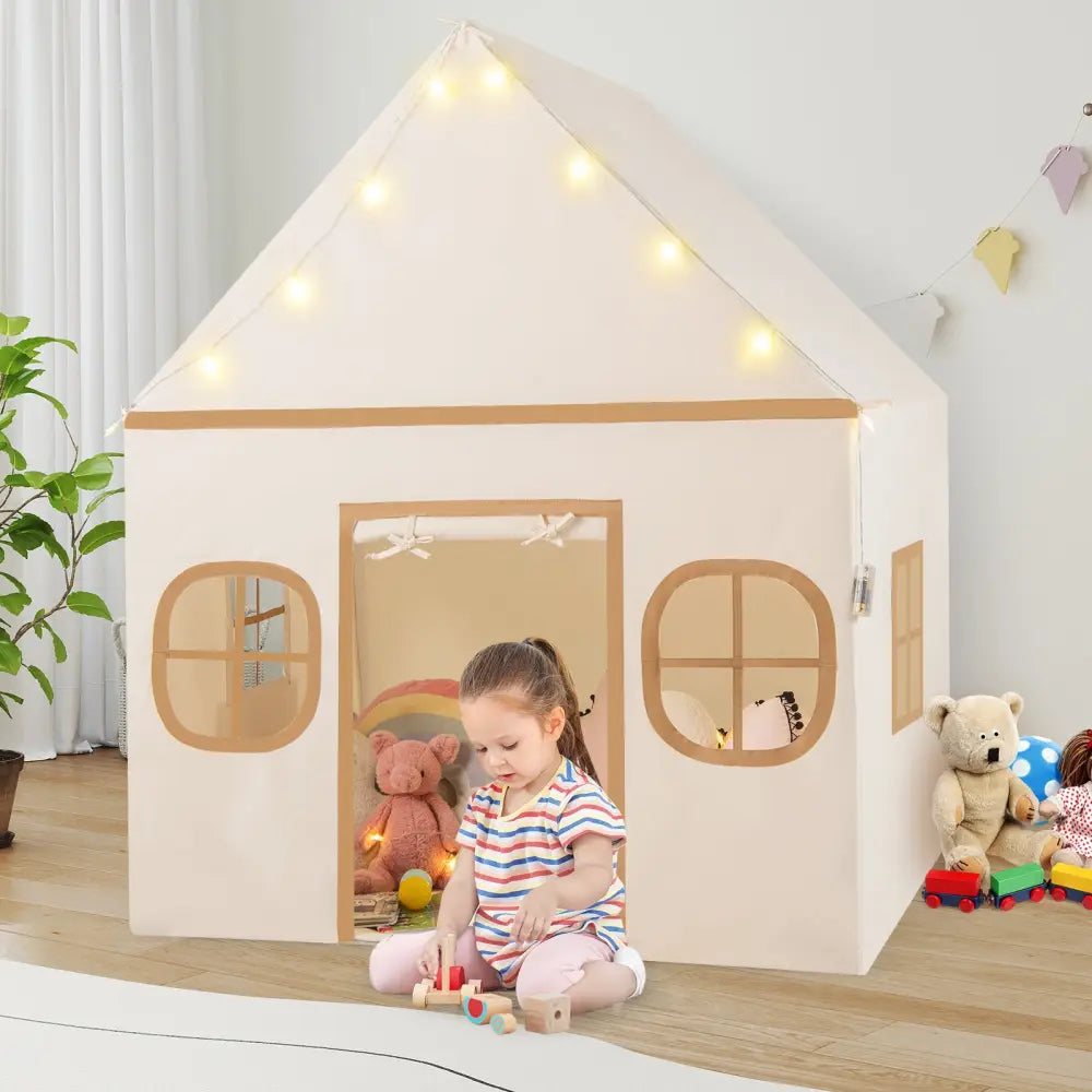 Kids Play Tent Large Playhouse with Door Curtain and Windows Star Lights-Coffee - Coffee - Play Tents & Playhouse