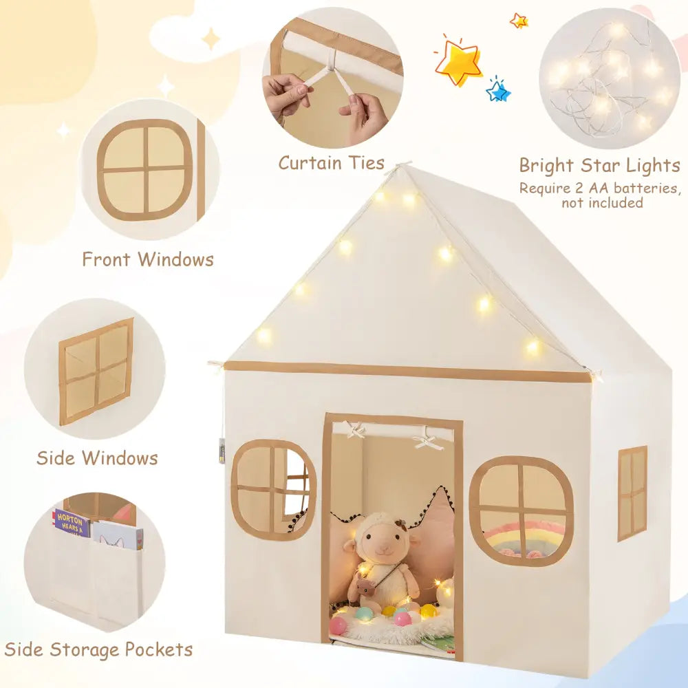 Kids Play Tent Large Playhouse with Door Curtain and Windows Star Lights-Coffee - Coffee - Play Tents & Playhouse