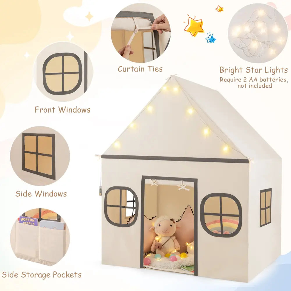 Kids Play Tent Large Playhouse with Door Curtain and Windows Star Lights-Beige - Beige - Play Tents & Playhouse