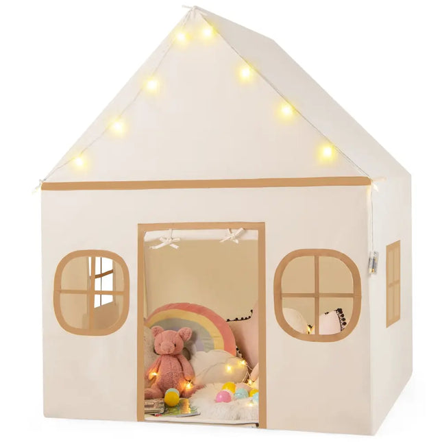 Kids Play Tent Large Playhouse with Door Curtain and Windows Star Lights - Coffee - Oasis Home Essentials