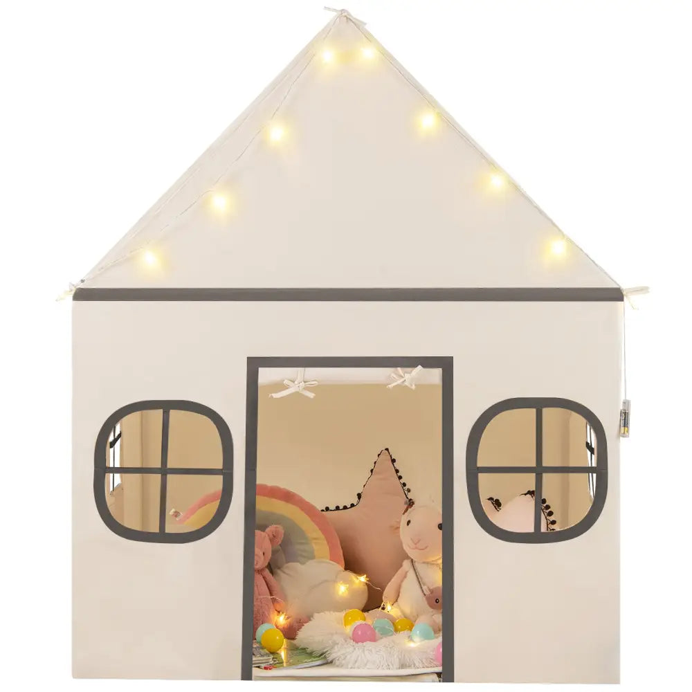 Kids Play Tent Large Playhouse with Door Curtain and Windows Star Lights-Beige - Beige - Play Tents & Playhouse