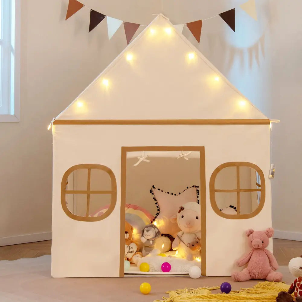 Kids Play Tent Large Playhouse with Door Curtain and Windows Star Lights-Coffee - Coffee - Play Tents & Playhouse
