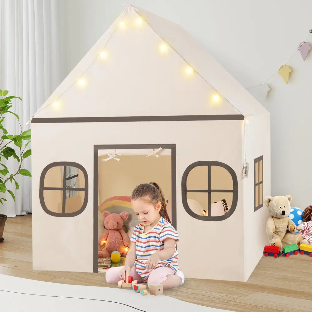 Kids Play Tent Large Playhouse with Door Curtain and Windows Star Lights-Beige - Beige - Play Tents & Playhouse