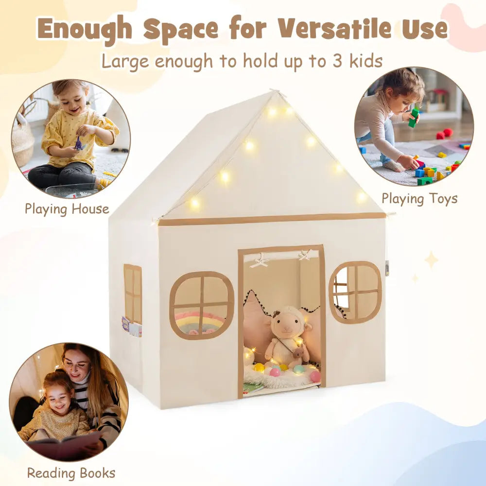 Kids Play Tent Large Playhouse with Door Curtain and Windows Star Lights-Coffee - Coffee - Play Tents & Playhouse