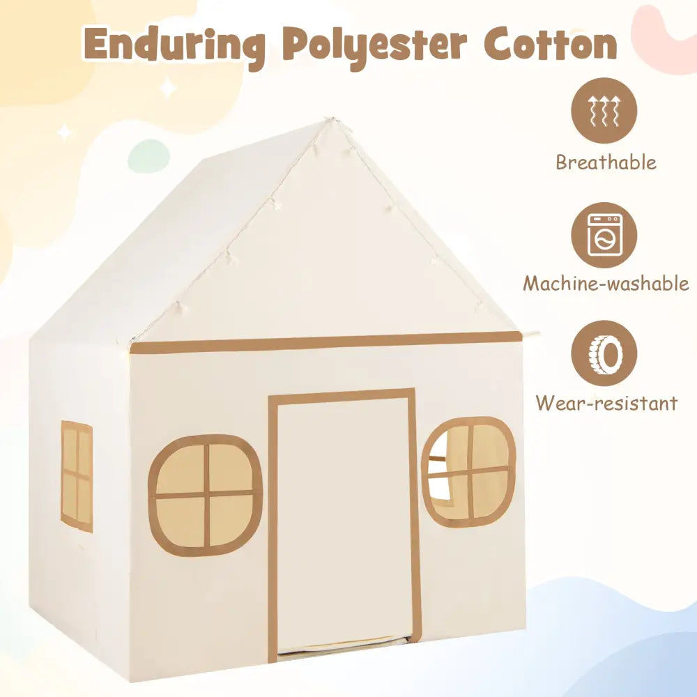 Kids Play Tent Large Playhouse with Door Curtain and Windows Star Lights-Coffee - Coffee - Play Tents & Playhouse