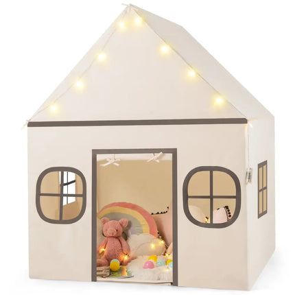 Kids Play Tent Large Playhouse with Door Curtain and Windows Star Lights - Beige - Oasis Home Essentials