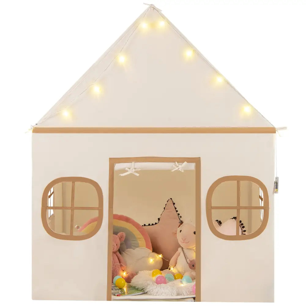 Kids Play Tent Large Playhouse with Door Curtain and Windows Star Lights-Coffee - Coffee - Play Tents & Playhouse