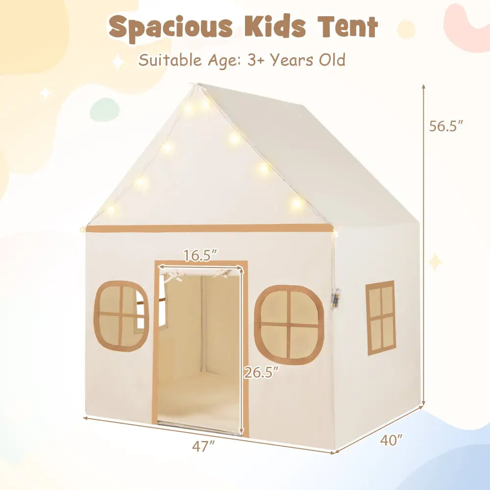 Kids Play Tent Large Playhouse with Door Curtain and Windows Star Lights-Coffee - Coffee - Play Tents & Playhouse
