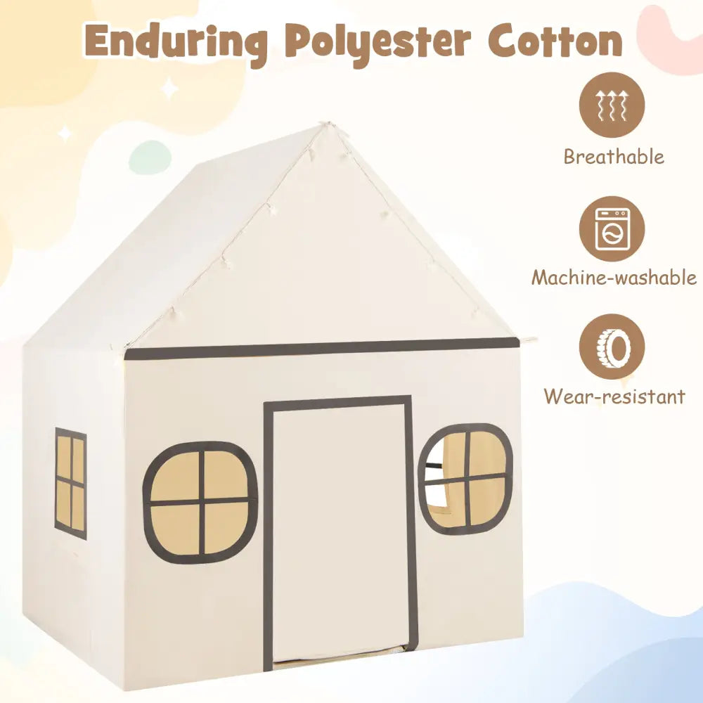 Kids Play Tent Large Playhouse with Door Curtain and Windows Star Lights-Beige - Beige - Play Tents & Playhouse