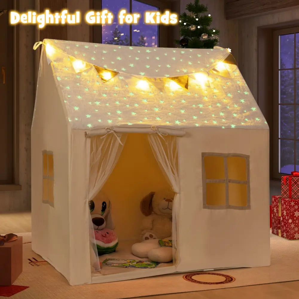 Kids Play Tent Large Playhouse with Glow in the Dark Stars and Mat-Beige - Beige - Play Tents & Playhouse