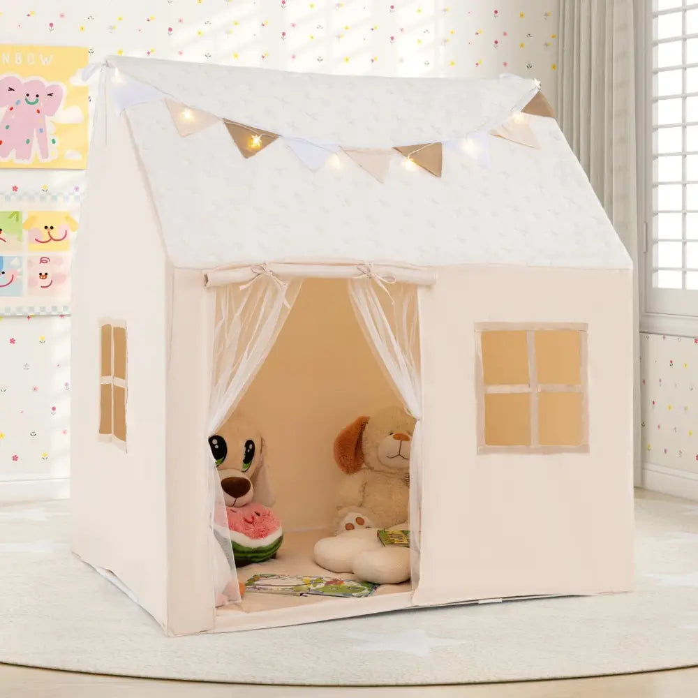 Kids Play Tent Large Playhouse with Glow in the Dark Stars and Mat-Beige - Beige - Play Tents & Playhouse