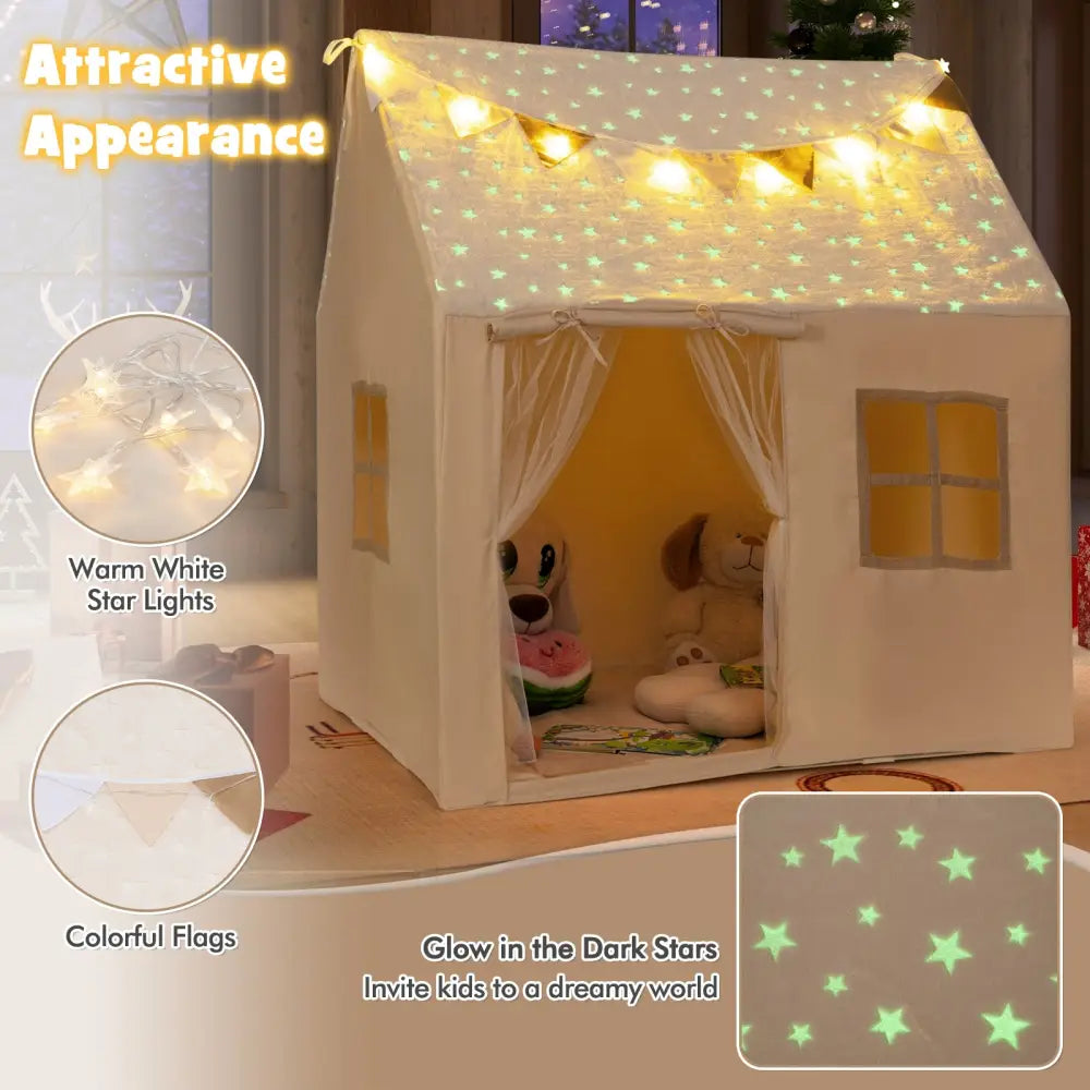 Kids Play Tent Large Playhouse with Glow in the Dark Stars and Mat-Beige - Beige - Play Tents & Playhouse