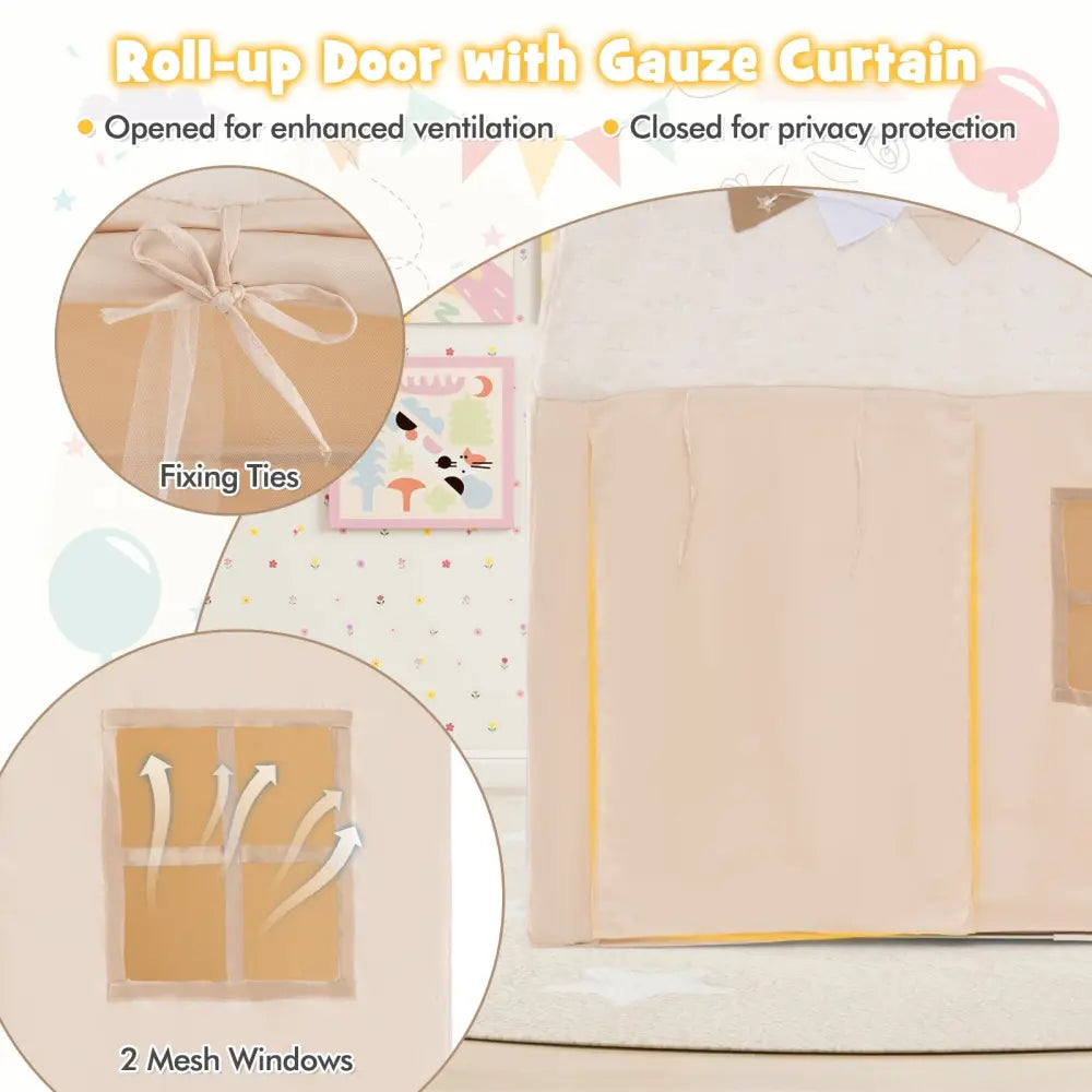 Kids Play Tent Large Playhouse with Glow in the Dark Stars and Mat-Beige - Beige - Play Tents & Playhouse