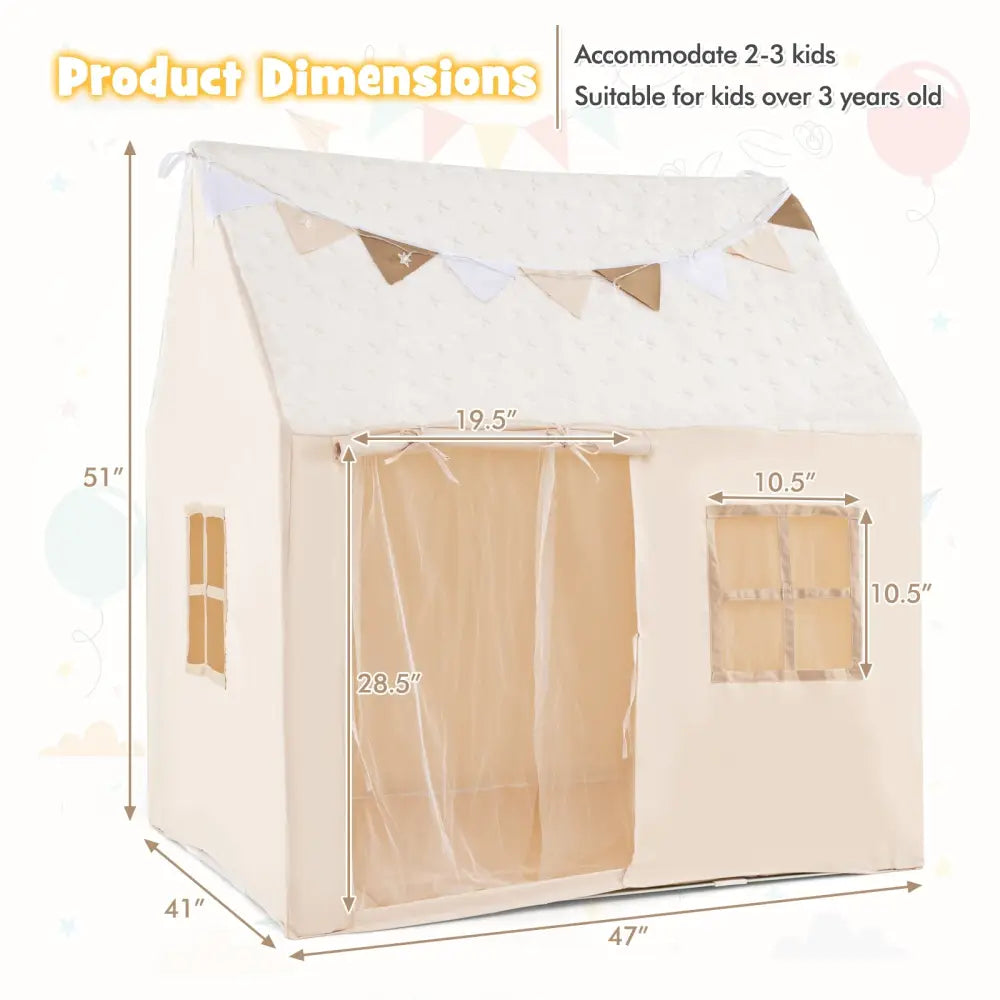 Kids Play Tent Large Playhouse with Glow in the Dark Stars and Mat-Beige - Beige - Play Tents & Playhouse