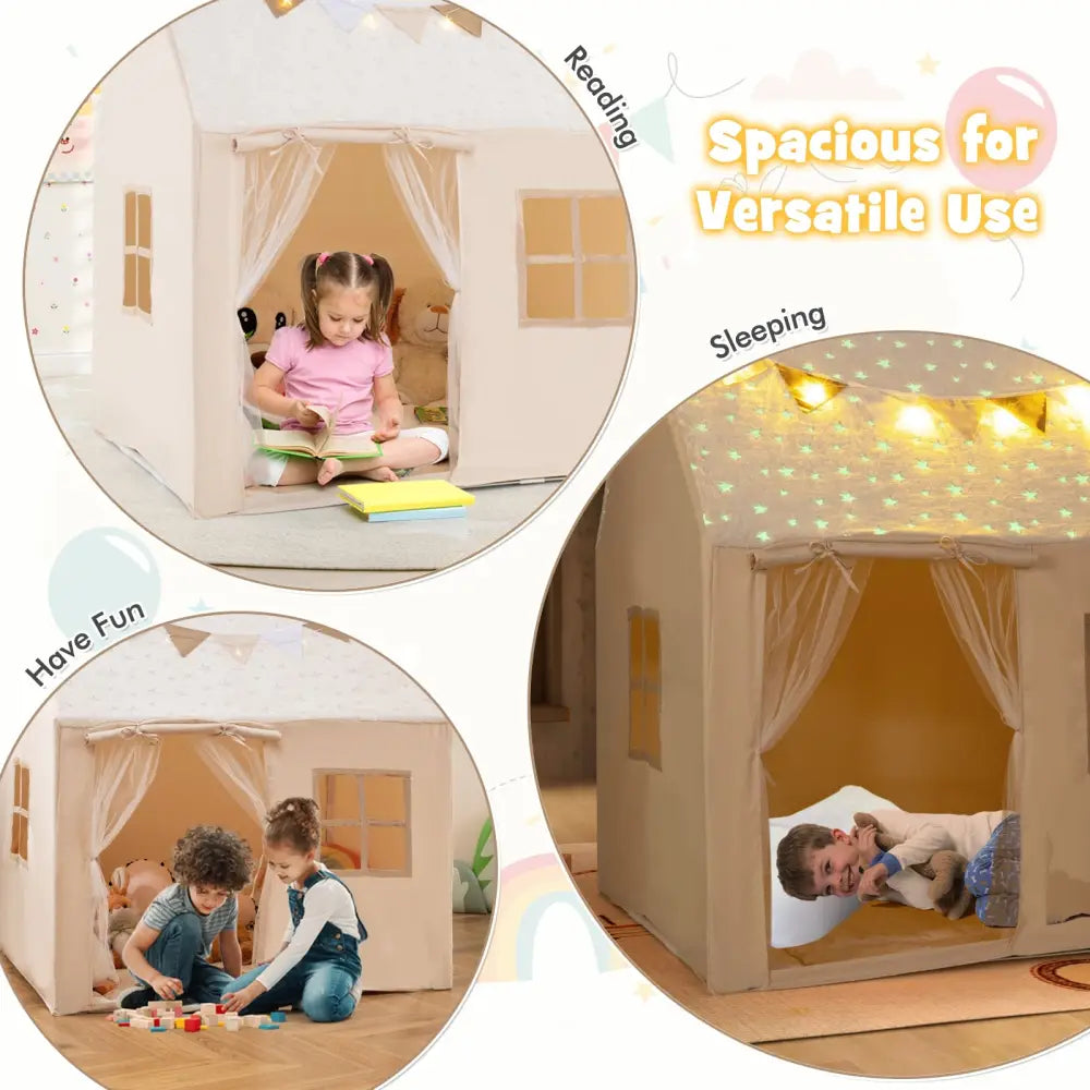 Kids Play Tent Large Playhouse with Glow in the Dark Stars and Mat-Beige - Beige - Play Tents & Playhouse
