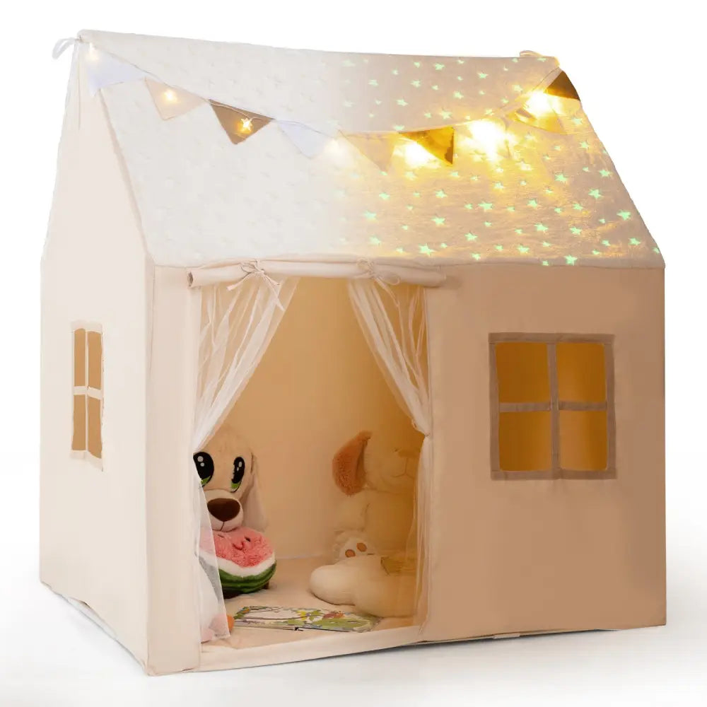 Kids Play Tent Large Playhouse with Glow in the Dark Stars and Mat-Beige - Beige - Play Tents & Playhouse