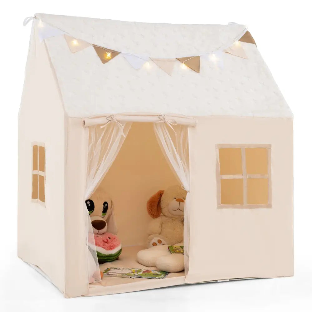Kids Play Tent Large Playhouse with Glow in the Dark Stars and Mat-Beige - Beige - Play Tents & Playhouse