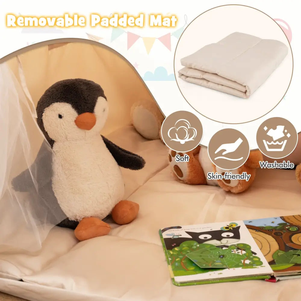 Kids Play Tent Large Playhouse with Glow in the Dark Stars and Mat-Beige - Beige - Play Tents & Playhouse