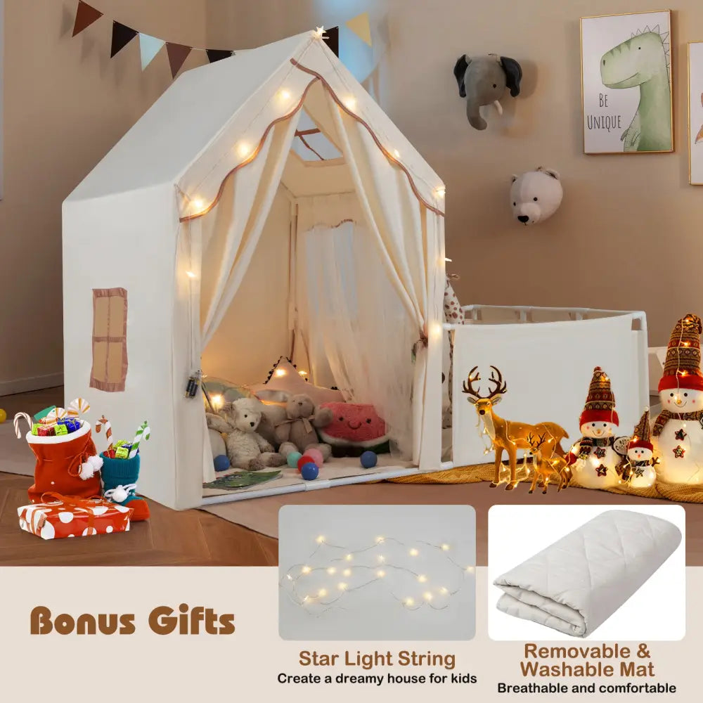 Kids Play Tent with Playpen 2-in-1 Toddler Playhouse with Yard-Beige - Beige - Play Tents & Playhouse