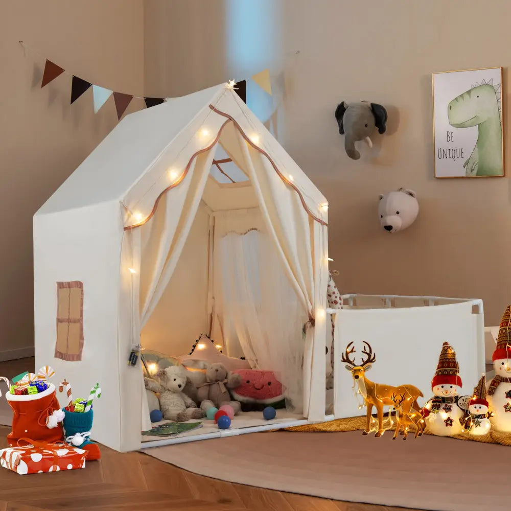 Kids Play Tent with Playpen 2-in-1 Toddler Playhouse with Yard-Beige - Beige - Play Tents & Playhouse