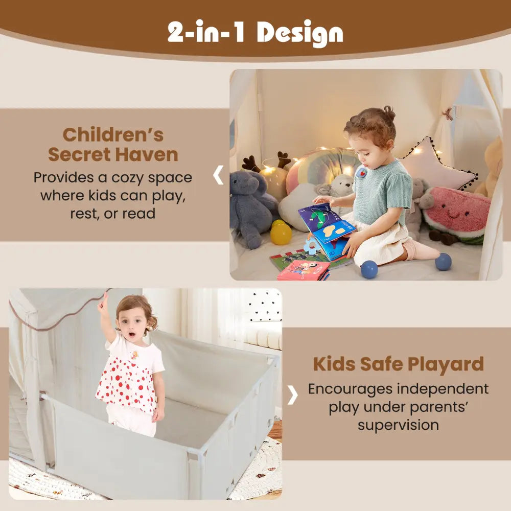 Kids Play Tent with Playpen 2-in-1 Toddler Playhouse with Yard-Beige - Beige - Play Tents & Playhouse