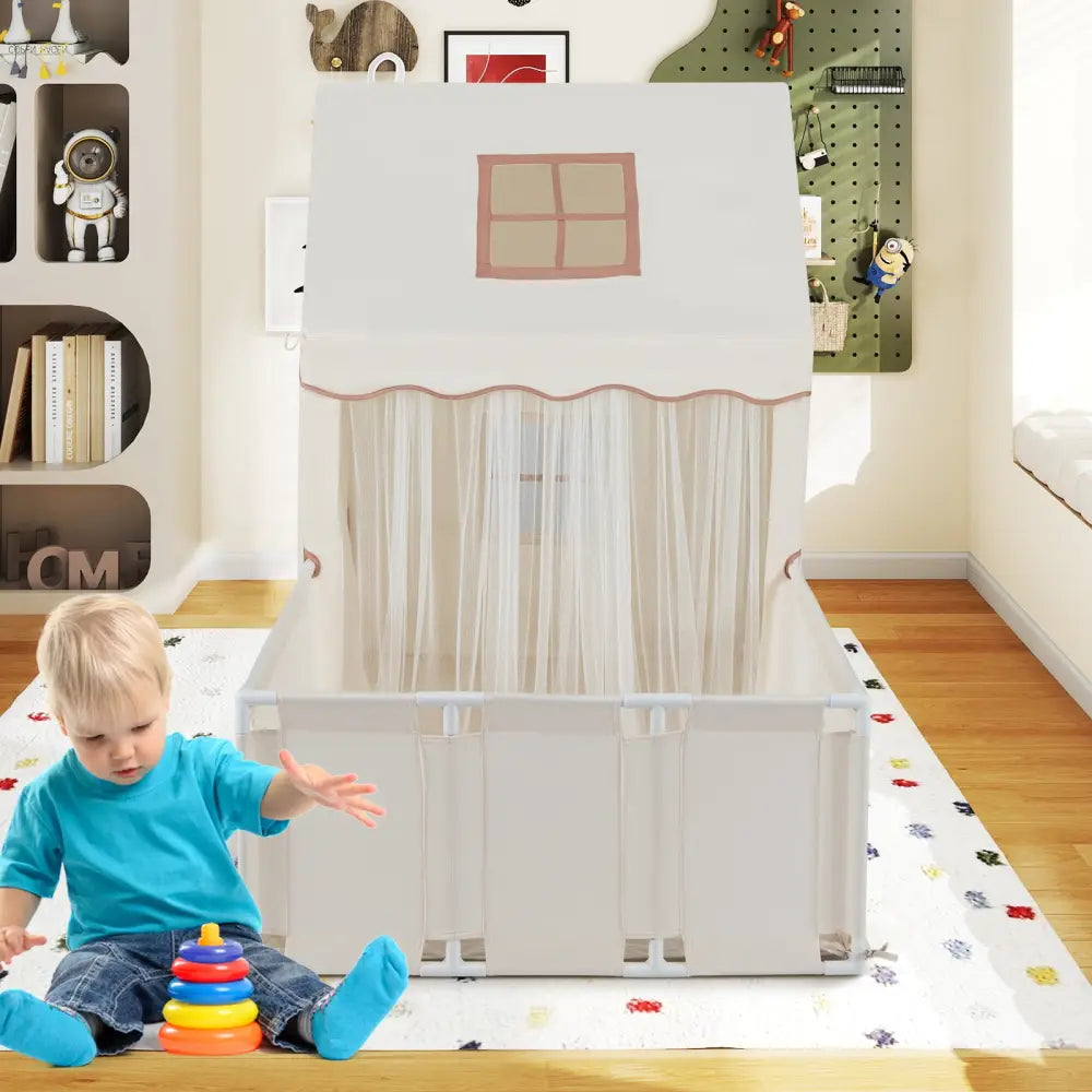 Kids Play Tent with Playpen 2-in-1 Toddler Playhouse with Yard-Beige - Beige - Play Tents & Playhouse