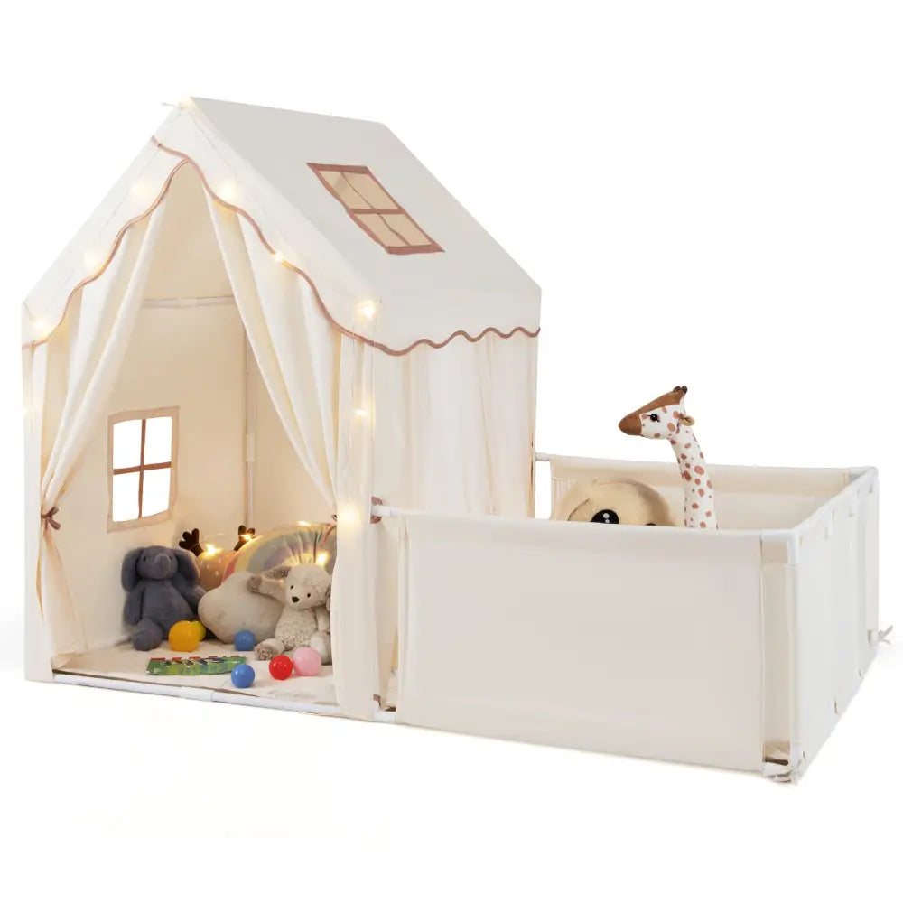 Kids Play Tent with Playpen 2-in-1 Toddler Playhouse with Yard-Beige - Beige - Play Tents & Playhouse