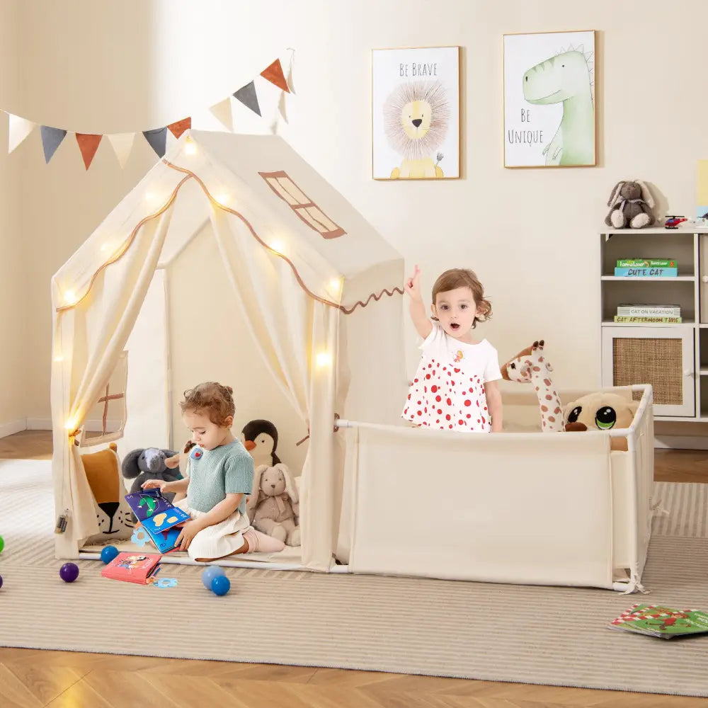 Kids Play Tent with Playpen 2-in-1 Toddler Playhouse with Yard-Beige - Beige - Play Tents & Playhouse