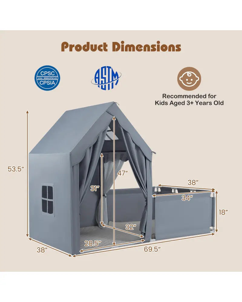 Kids Play Tent with Playpen 2-in-1 Toddler Playhouse with Yard-Grey - Gray - Play Tents & Playhouse