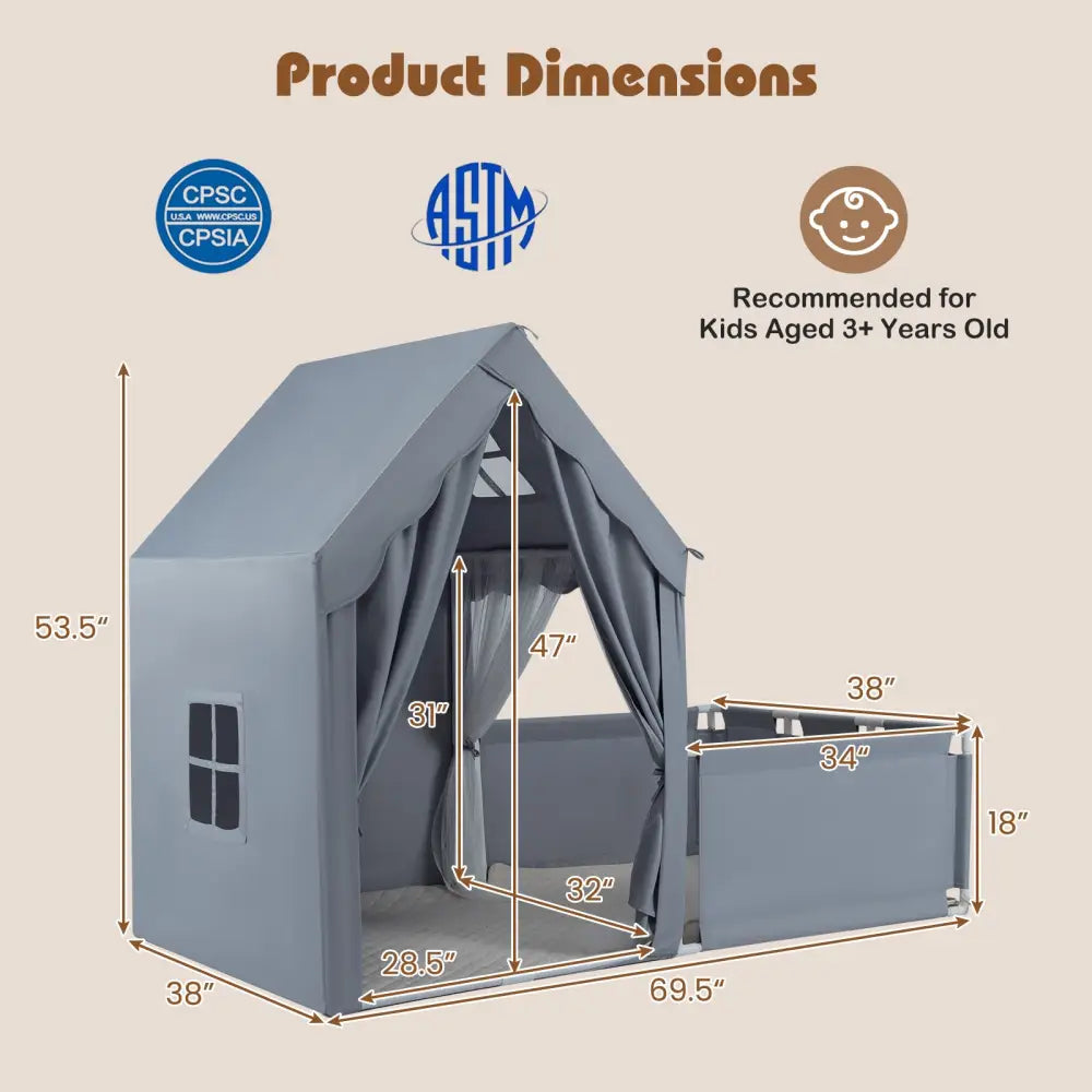 Kids Play Tent with Playpen 2-in-1 Toddler Playhouse with Yard-Grey - Gray - Play Tents & Playhouse