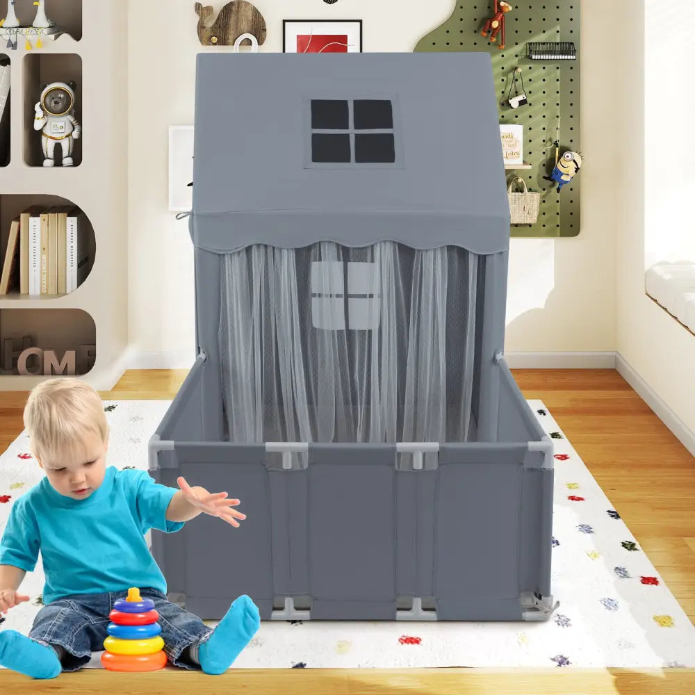 Kids Play Tent with Playpen 2-in-1 Toddler Playhouse with Yard-Grey - Gray - Play Tents & Playhouse