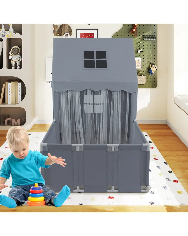 Kids Play Tent with Playpen 2-in-1 Toddler Playhouse with Yard-Grey - Gray - Play Tents & Playhouse